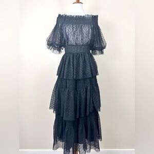 CQ Ruffle Midi Dress Medium Tier Mesh Polka Dot Black Short Sleeve Off Shoulder